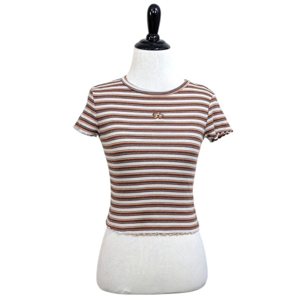 Ultra Flirt Brown Striped Ribbed Knit Babydoll Cropped Tee Size Small Womens